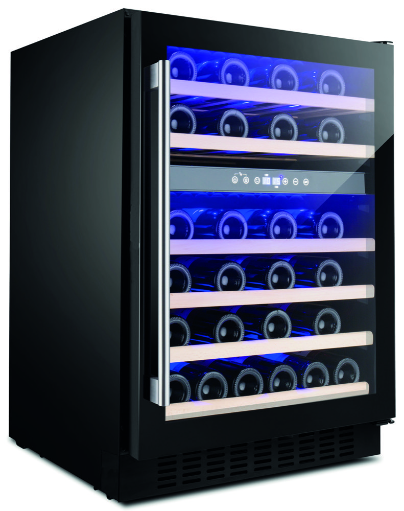 Reversible Door and LED Lighting Amica AWC150BL Freestanding Undercounter Slimline Black Wine Cooler with B Energy Rating 44dB Noise Level 